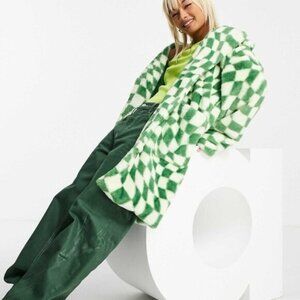 New ASOS Faux Fur Long Checkboard Coat Wavy 90’s Mod Boho Street